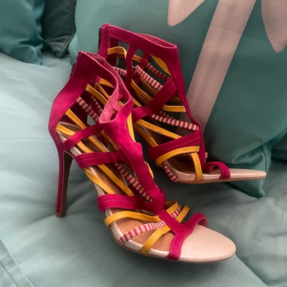 Vibrant Pink and Yellow Strappy Heels